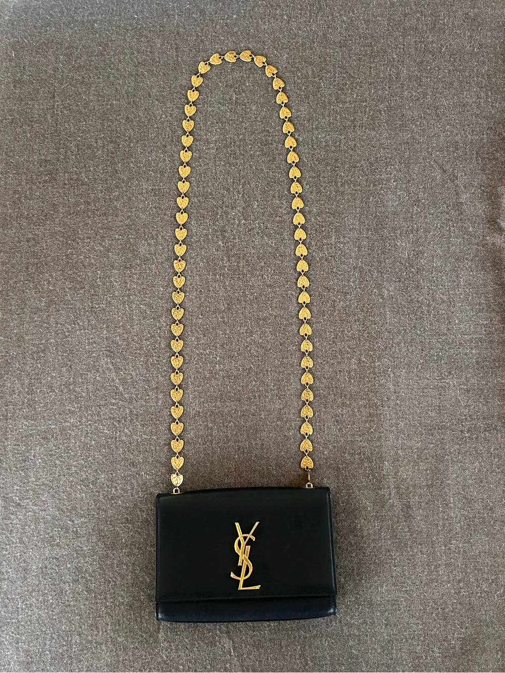 Rare Saint Laurent YSL Black Leather Heart Chain Kate Bag